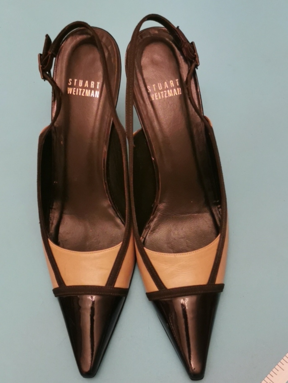Stuart Weitzman Two-Tone Beige and Black Pointed Slingback Pump